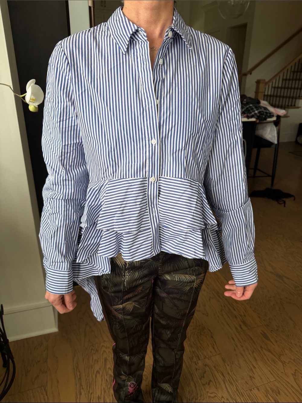 Zara Blue and White Striped Ruffled Button-Down Shirt